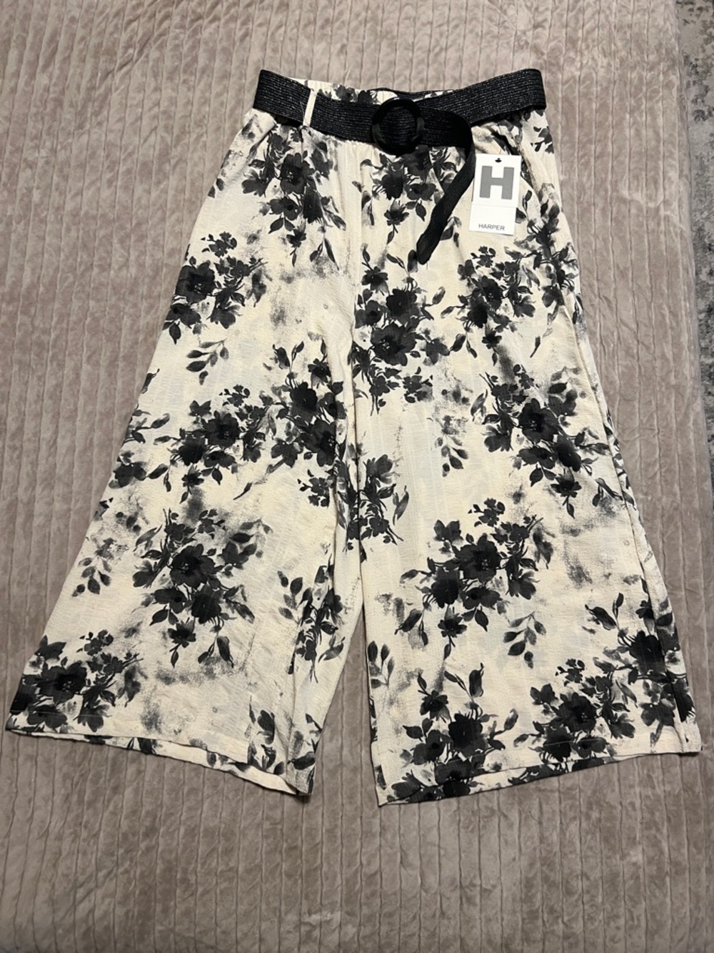 Harper Black and Cream Floral Wide-Leg Culottes with Woven Belt